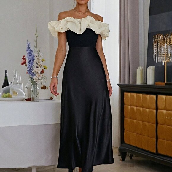 Black Elegant Women's Off Shoulder Ruffle Trim Dress - Picture 6 of 6